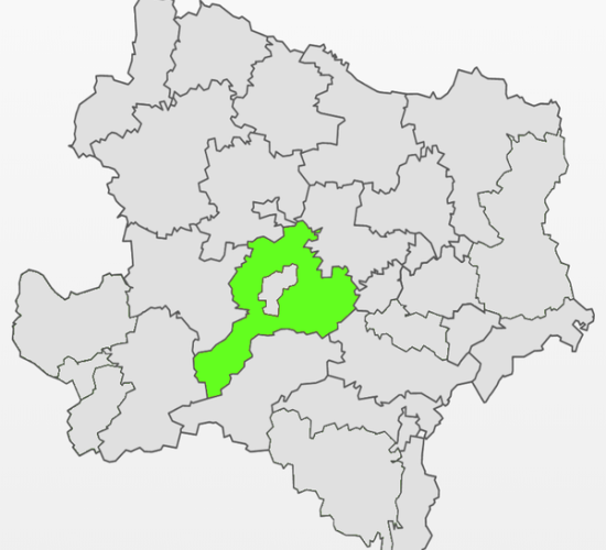 Zeichnung: Karte von Niederösterreich mit grün hinterlegtem Bezirk St. Pölten Land